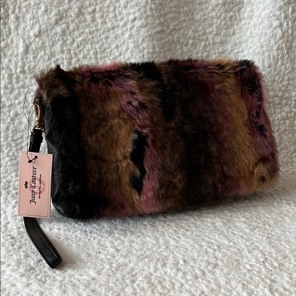 NWT Juicy Couture Faux Fur Clutch in Brown, Pink, and Black